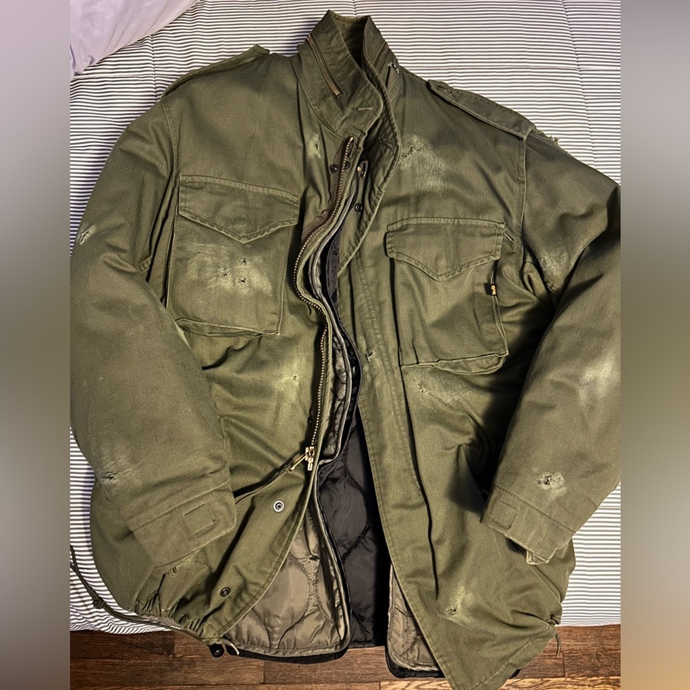 #Exclusive #AlphaIndustries #Distressed #Army #Coat #Double #Installation #Large